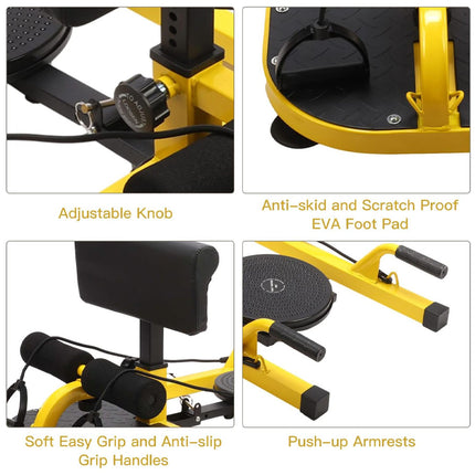 Close-up of a yellow and black exercise machine with labeled features on a white background.
