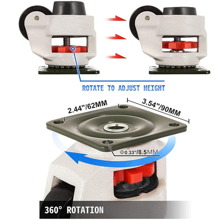 Adjustable height and rotation mechanism with measurements on a white background