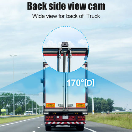 Truck on a highway with a wide-angle view camera on the back, showing a 170-degree field of view.