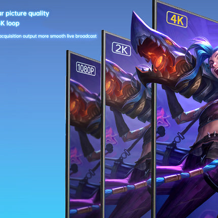 Three angled TV screens display a colorful video game character artwork with text reading 1080P, 2K, 4K, and 'Ultra-clear picture quality support 4K loop' on a blue gradient background.