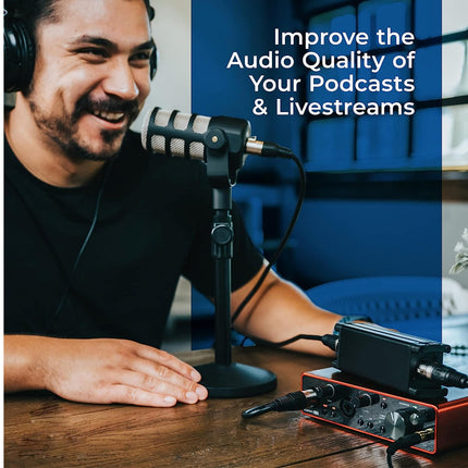 Man with headphones and microphone setup with text 'Improve the Audio Quality of Your Podcasts & Livestreams'.