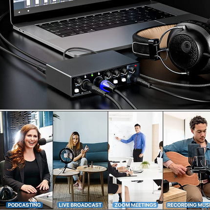 Laptop with audio interface and headphones, used for various activities like podcasting, live broadcasting, Zoom meetings, and recording music.