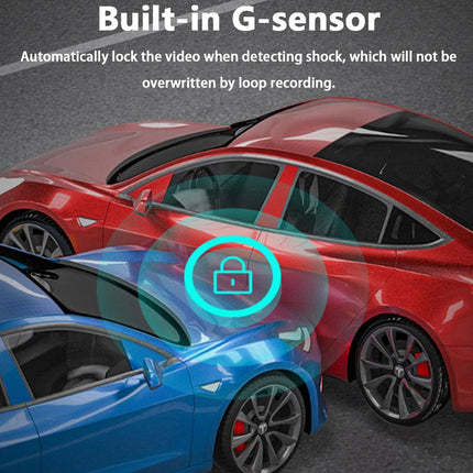 Two cars, one red and one blue, with a lock icon and text about a built-in G-sensor.