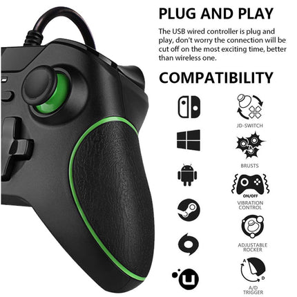 Gaming controller with green accents on a white background, featuring text about plug and play compatibility.