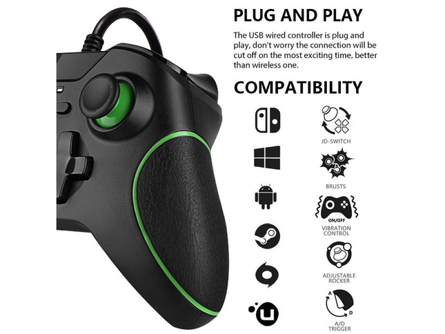 Gaming controller with green accents on a white background, featuring text about plug and play compatibility.