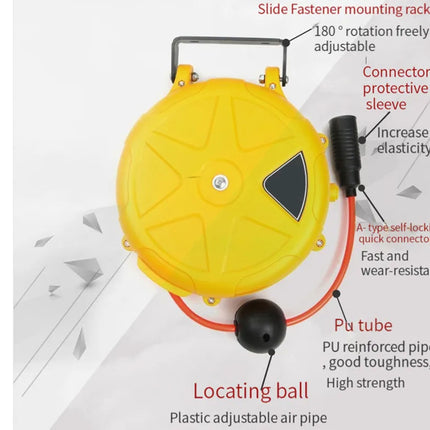Yellow retractable air hose reel with labeled features on a white background