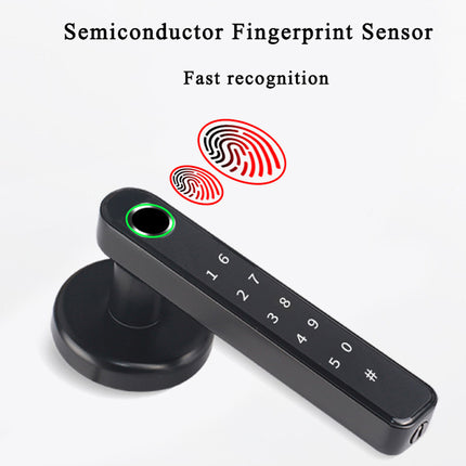 Black electronic door lock with fingerprint sensor and keypad on a white background