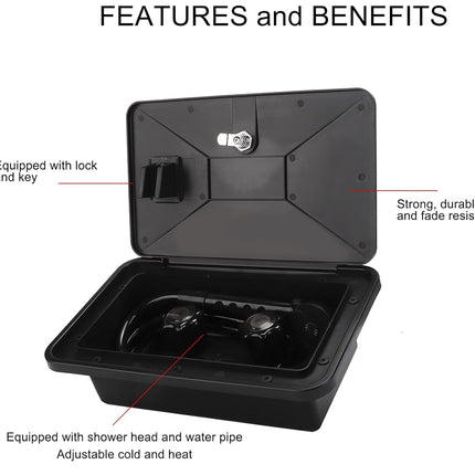 A black plastic shower storage box shown open on a white background with feature callout text and lines pointing to the lock, durability, and shower head/water pipe included.