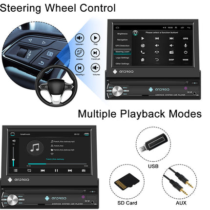 Car stereo system with steering wheel control and multiple playback modes on a white background