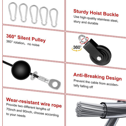 A product feature infographic with six panels showing a stainless steel cable hoist system. The panels include illustrations and close-ups of five features: five silver carabiners, a black and silver 360-degree silent pulley, a black bobweight, a silver wire rope with a black band, and a sturdy black hoist buckle.