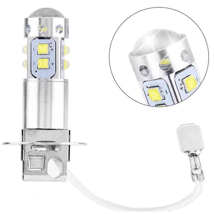 Car headlight bulb with close-up inset on a white background