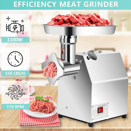 Efficiency meat grinder with raw meat input and ground meat output on a wooden surface.