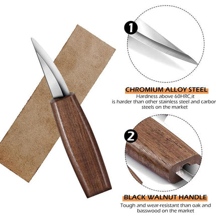 A small knife with a dark brown wooden handle and silver blade is shown with a brown leather strap on a white background, alongside two circular detail callouts labeled 1 and 2 with text describing chromium alloy steel and black walnut handle quality.