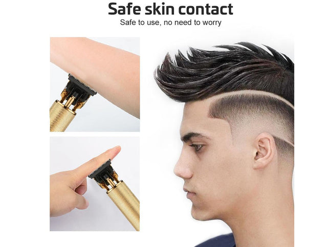 Hair cutting tool with safe skin contact feature and a person with a styled haircut.