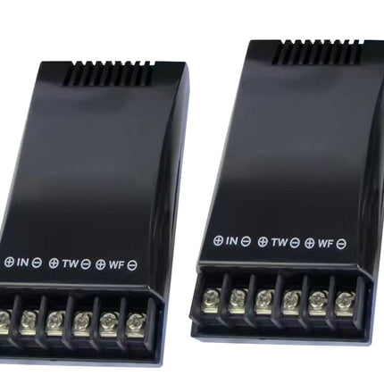 Two black electronic terminal blocks with screw terminals and printed connection labels, shown on a plain white background.