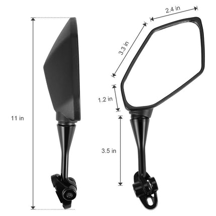 Black motorcycle mirrors with measurements on a white background