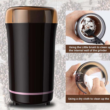 Black coffee grinder with cleaning instructions on a textured background