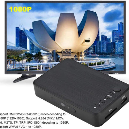 Black electronic device with a screen displaying a cityscape and modern architecture.