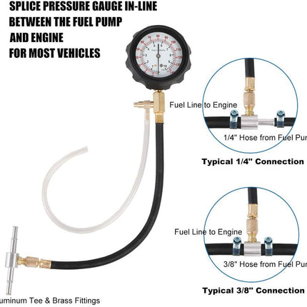Fuel pressure gauge setup with hoses and fittings on a white background
