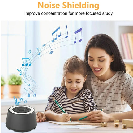 Woman and child sitting at a table with a noise shielding device, music notes indicating sound suppression.