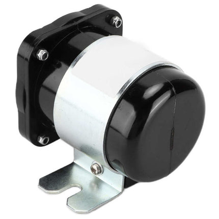 A black and silver automotive electrical component, likely a relay or switch, featuring a black dome-shaped end, a black mounting bracket, and a silver metal base with a U-shaped mounting clip, shown on a white background.