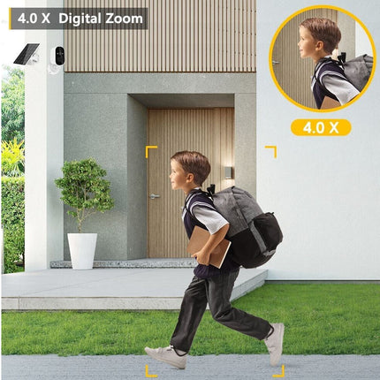 Child with a backpack walking towards a house with digital zoom feature displayed.