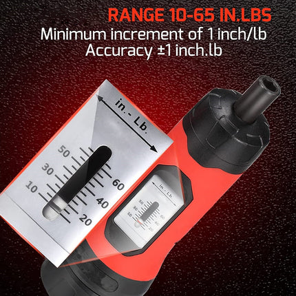 A red and black pneumatic torque wrench shown on a dark textured background with promotional text reading 'RANGE 10-65 IN.LBS Minimum increment of 1 inch/lb Accuracy ±1 inch.