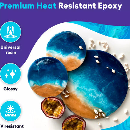 Advertisement for premium heat resistant epoxy with blue and orange resin design on a white background.