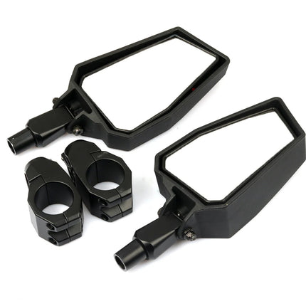 A pair of black motorcycle rearview mirrors with mounting clamps, displayed on a clean white background.