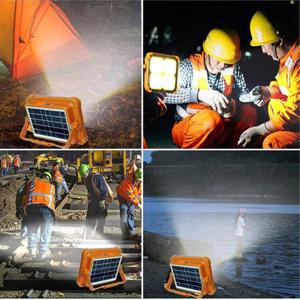 Collage of a solar-powered work light being used by construction workers and in outdoor settings.