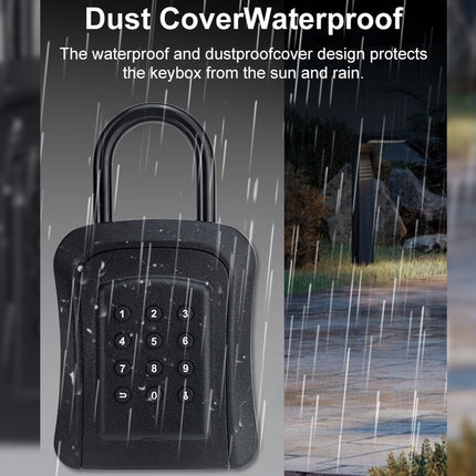 A black digital keypad keybox with a dust cover and lock, shown with promotional text and rain graphics demonstrating waterproof protection.