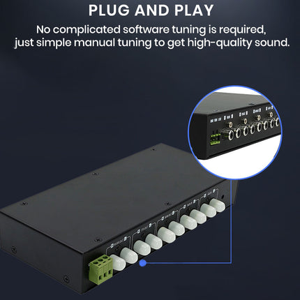 A black electronic signal splitter or audio device with multiple white output connectors and a green terminal block, shown on a dark blue background with marketing text and a circular inset close-up of the front ports.