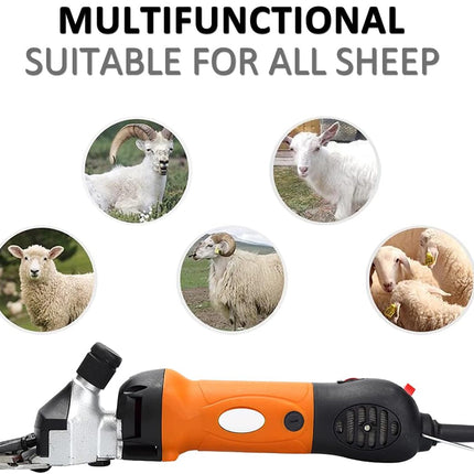 Multifunctional shearing tool suitable for all sheep with images of sheep on a white background.
