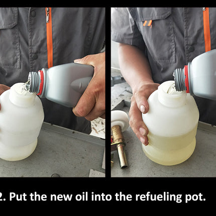 A split-screen instructional image showing a person in a gray uniform pouring new oil from a gray bottle into a white plastic refueling pot. Text at the bottom reads 'STEP2.