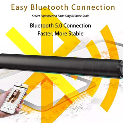 A black cylindrical Bluetooth speaker bar shown on a white promotional graphic with text reading 'Easy Bluetooth Connection' and 'Bluetooth 5.0 Connection Faster, More Stable.