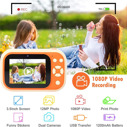 An orange and white baby video monitor camera shown over a lifestyle photo of a woman and child blowing bubbles in a park, with feature icons and text below including 1080P video recording, 3.5-inch screen, dual cameras, and USB transfer.