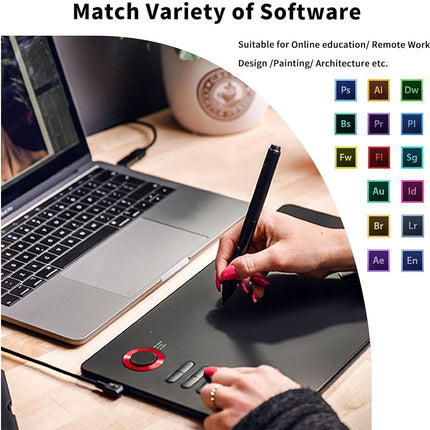 Person using a graphic tablet with a laptop, with software icons displayed on the screen.