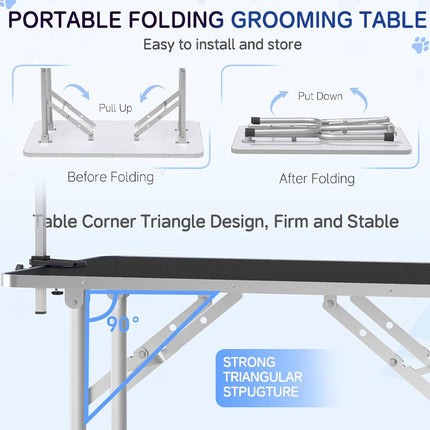 Portable folding grooming table with features highlighted on a light blue background