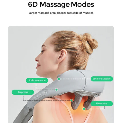 Woman using a neck and shoulder massager with labeled massage areas on a gray background
