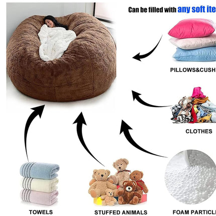 Brown bean bag chair with options to fill it with soft items like pillows, clothes, towels, stuffed animals, and foam particles.