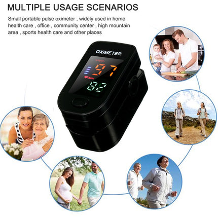 Portable oximeter with usage scenarios on a white background
