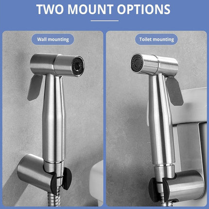 Two models of a bathroom faucet with wall and toilet mounting options on a blue background.