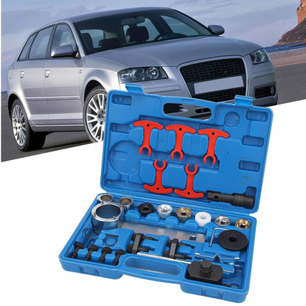 Car repair tool kit with blue case and red tools on a white background, with an inset of a silver car.