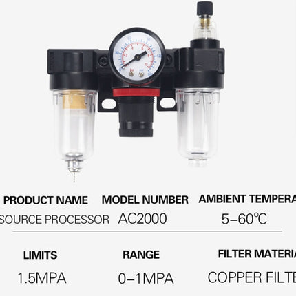 Air source processor with filter and gauge on a white background
