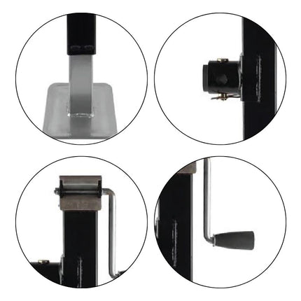 Four circular insets showing different parts of a black and silver mechanical device on a white background.