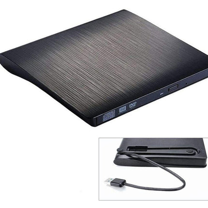 Black external DVD drive with cable on a white background