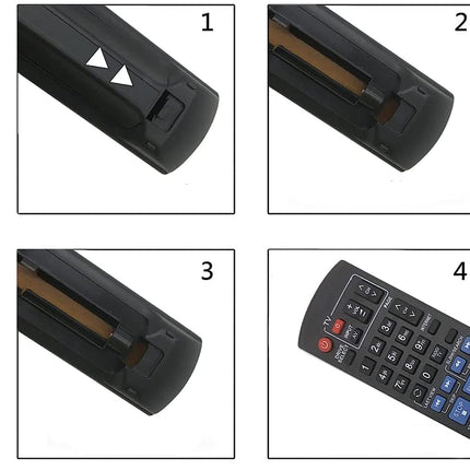Sequence of images showing a black remote control with different angles and a close-up of buttons.