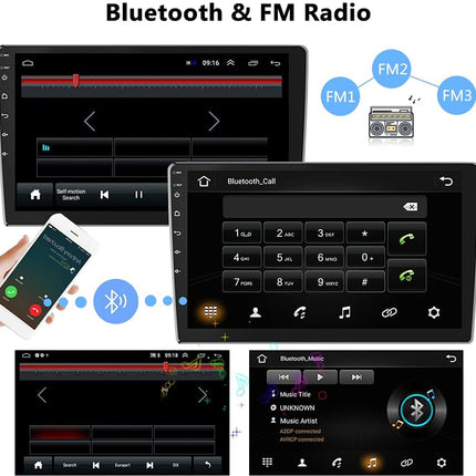Car stereo system with Bluetooth and FM radio functions on a white background