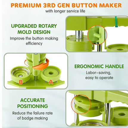 Green button maker with features highlighted on a white background