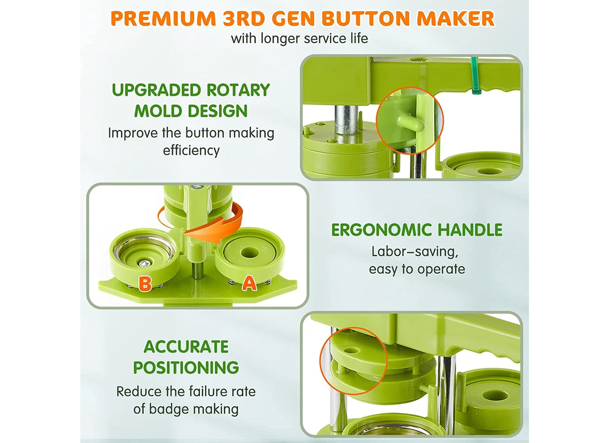 MR.R 25mm Badge Machine – Pin Button Maker, Draaiend Ontwerp, Ergonomisch Handvat, Inclusief 100 Onderdelen, Snijder En Snijmat, Groen